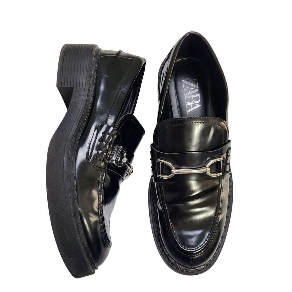 Zara Womens Horse Bit Loafer Size 8 Black Silver Chunky Lug Sole Preppy Academia